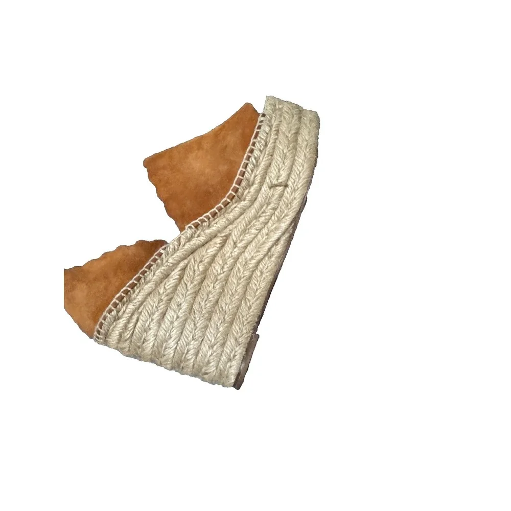 Chloe Lauren Scalloped Suede Espadrille Wedge Sandals Tan Brown US 7 NO STRAPS